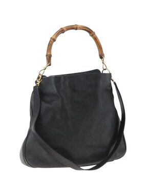 GUCCI Bamboo Shoulder Bag Leather 2way Black Gold 001 1577 3444